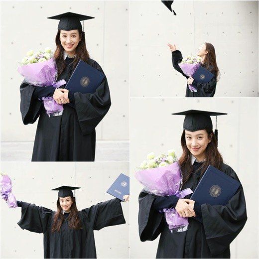 four pictures of a woman in graduation gown holding flowers and a book with her thumb up