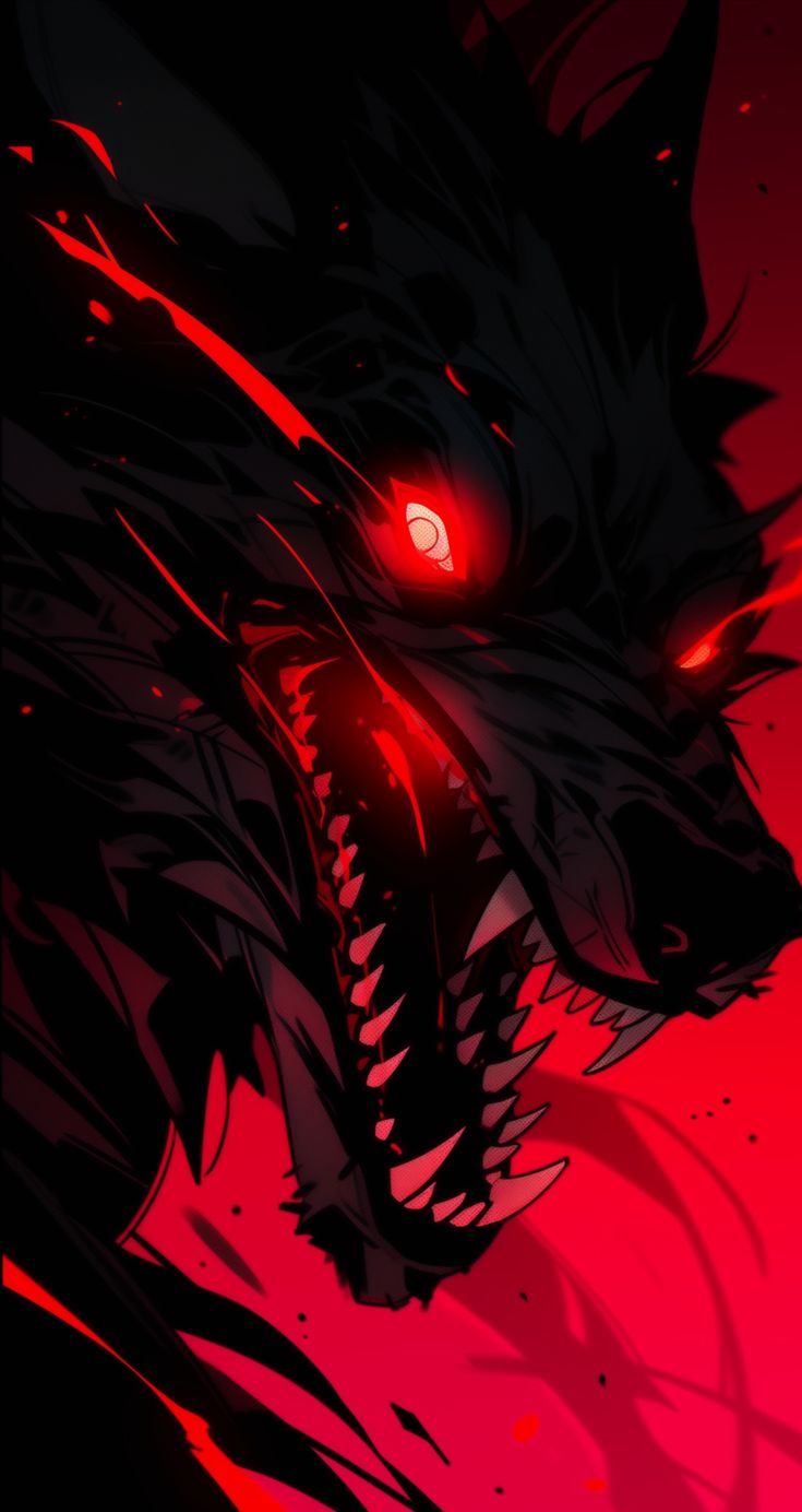 a red and black wolf with glowing eyes