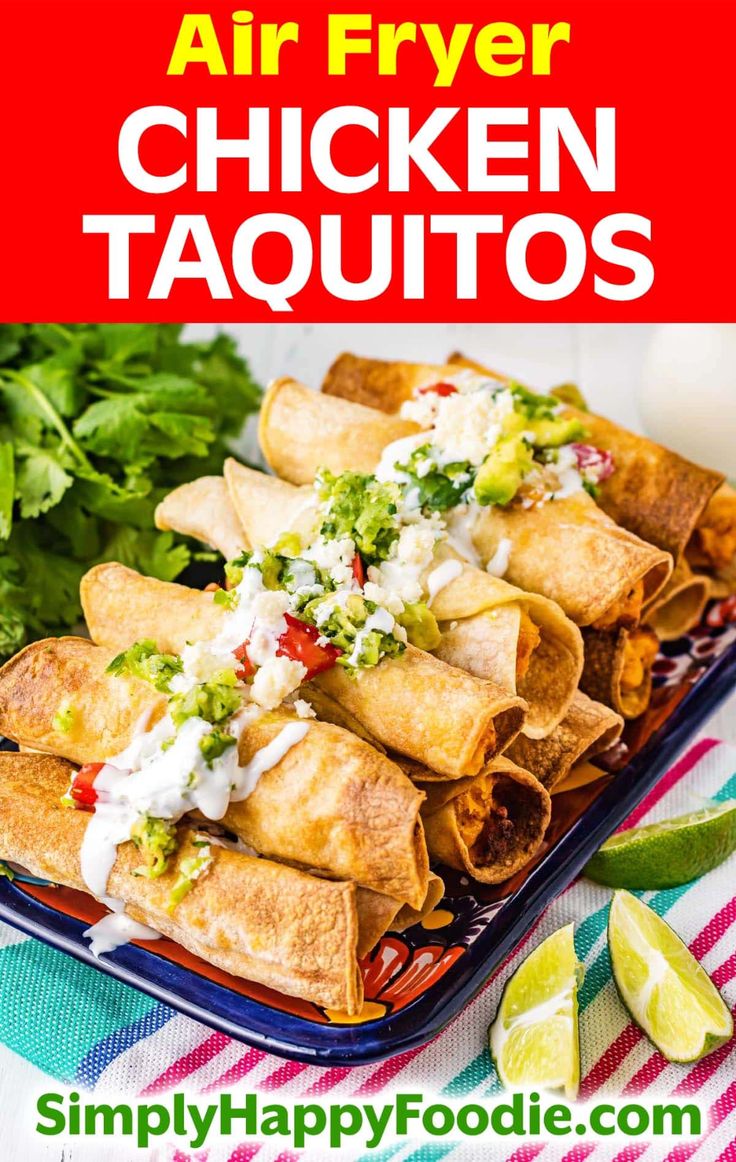 air fryer chicken taquitos on a plate with cilantro and lime