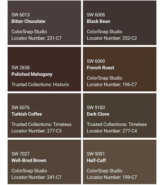 the color swatches for different shades of chocolate and brown are shown in this image