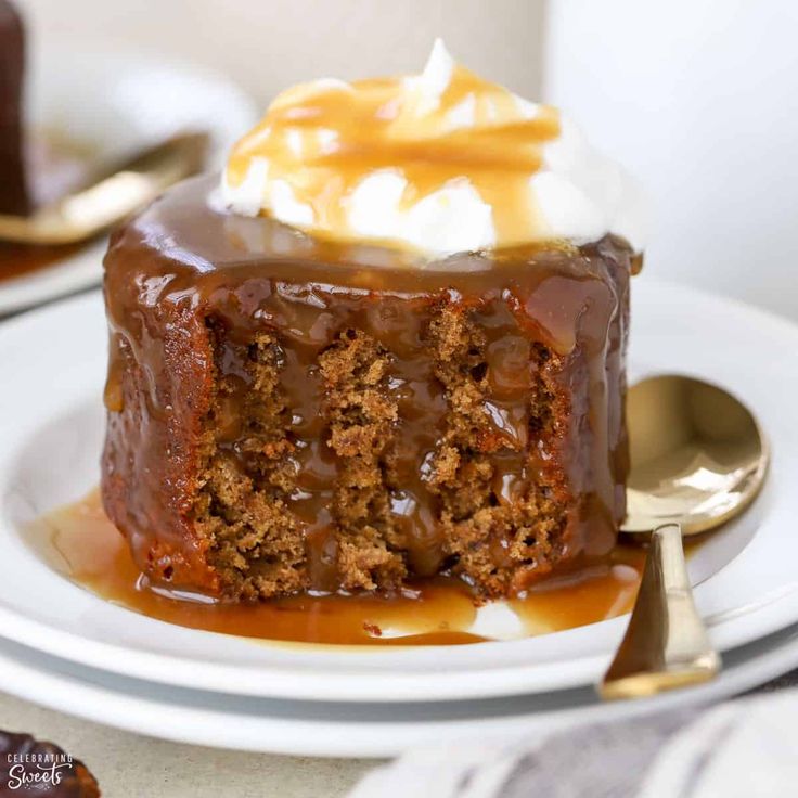 a piece of cake on a plate with caramel sauce and whipped cream