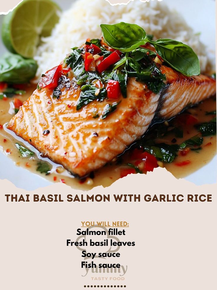 salmon with garlic rice and spinach garnish on the side is featured in this recipe