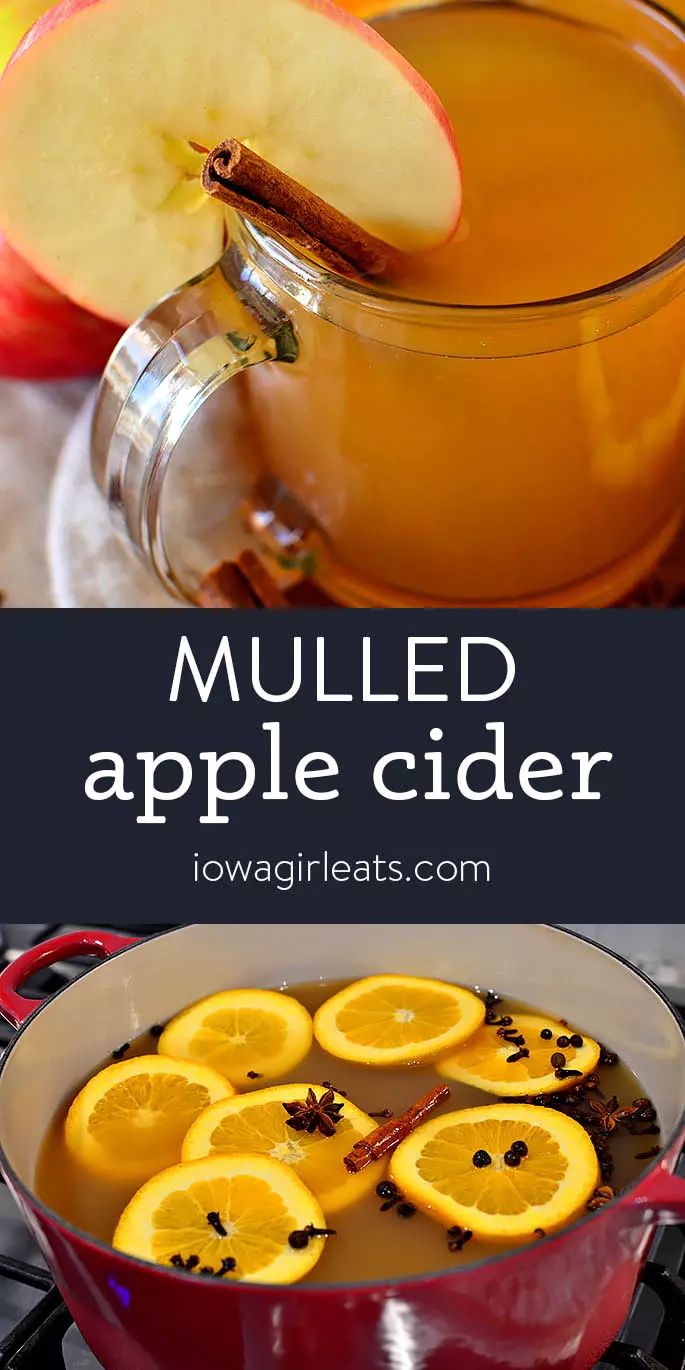 mulled apple cider recipe with apples and cinnamon in the background, on a stove top