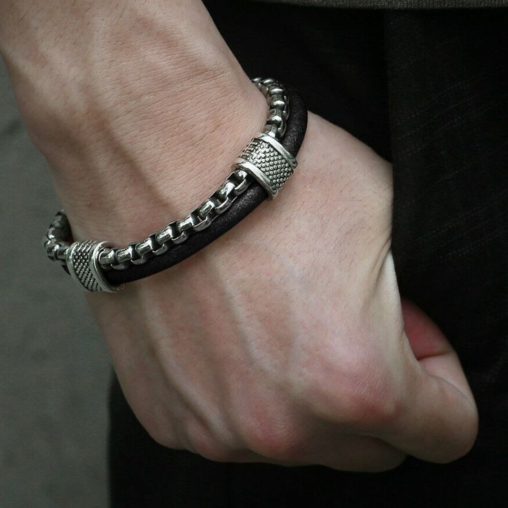 Ships Within 7-9 Days New Classic Black Metal Chain Bracelet, Black Bracelets With Sterling Silver Clasp, Classic Black Chain Bracelet For Everyday, Masculine Leather Bracelet With Stainless Steel Clasp, Classic Black Bracelets With Oxidized Finish, Adjustable Silver Leather Bracelet With Stainless Steel Clasp, Adjustable Black Oxidized Bracelet, Black Jewelry With Sterling Silver Clasp For Everyday, Everyday Black Jewelry With Sterling Silver Clasp