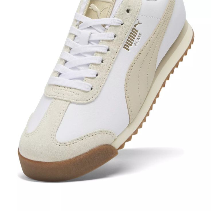 PUMA Roma Basic "White/Beige" Women's Shoe White Athleisure Sneakers With Rubber Waffle Outsoles, White Lace-up Running Shoes With Rubber Waffle Outsoles, White Sporty Sneakers With Gum Sole, Cream Sports Sneakers With Rubber Waffle Outsoles, White Athleisure Running Shoes With Rubber Sole, White Running Shoes With Rubber Sole For Athleisure, Sporty Cream Running Shoes With Cushioned Footbed, Classic White Running Shoes For Jogging, Cream Sneakers With Round Toe For Running