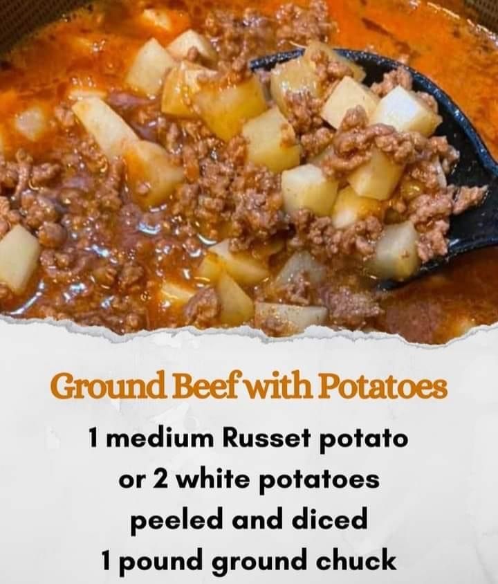 a bowl filled with ground beef and potatoes next to a sign that says ground beef with potatoes