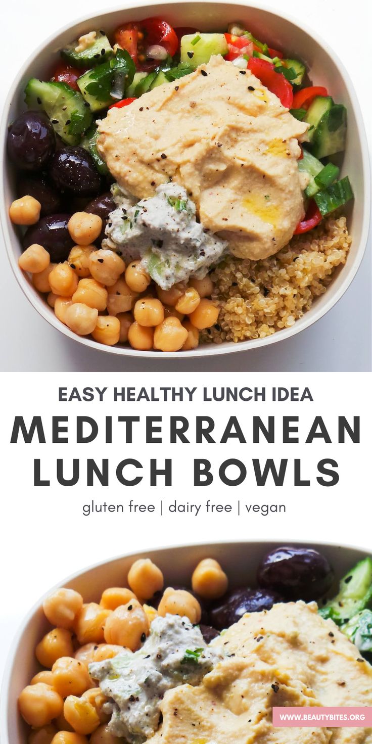 two bowls filled with different types of food and the words easy healthy lunch idea mediterraneanan lunch bowls