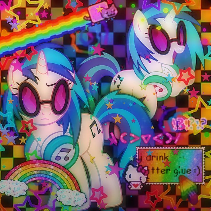 the rainbow pony is surrounded by stars and other colorful things in front of a checkered background