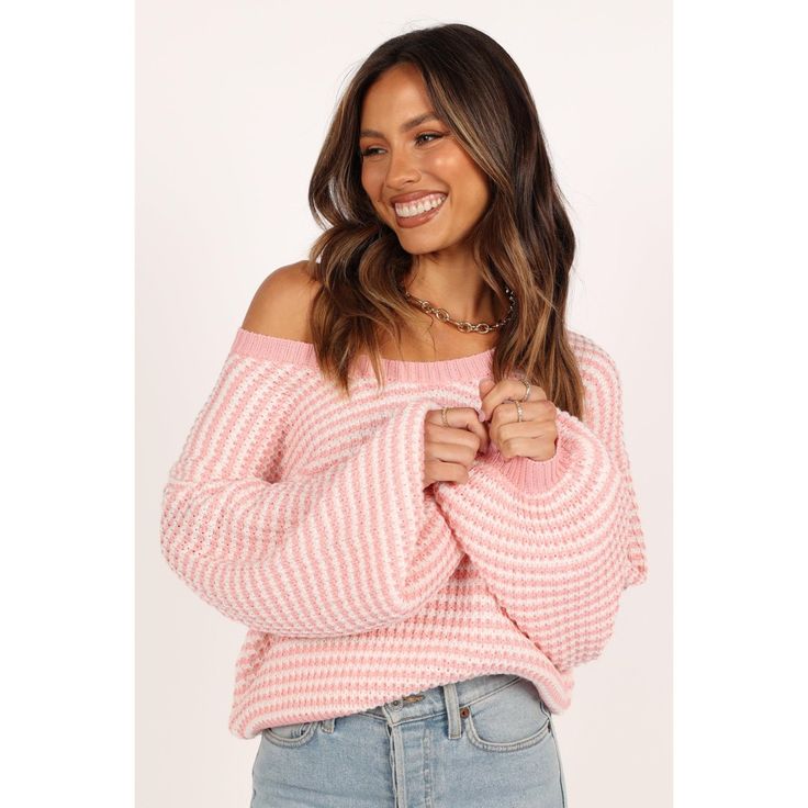 This knit sweater is a must-have for any wardrobe! The round neckline and long sleeves with rubbed cuffs give it a classic feel, while the pink stripe pattern adds a splash of fun. The pull on design creates an easy, relaxed fit that makes it perfect for weekend wear. Cute Clothes To Buy, Spiderweb Sweater, Stripe Knit Sweater, Petal And Pup, Waffle Stitch, Weekend Wear, Preppy Outfits, Pink Stripes, Shoulder Sweater