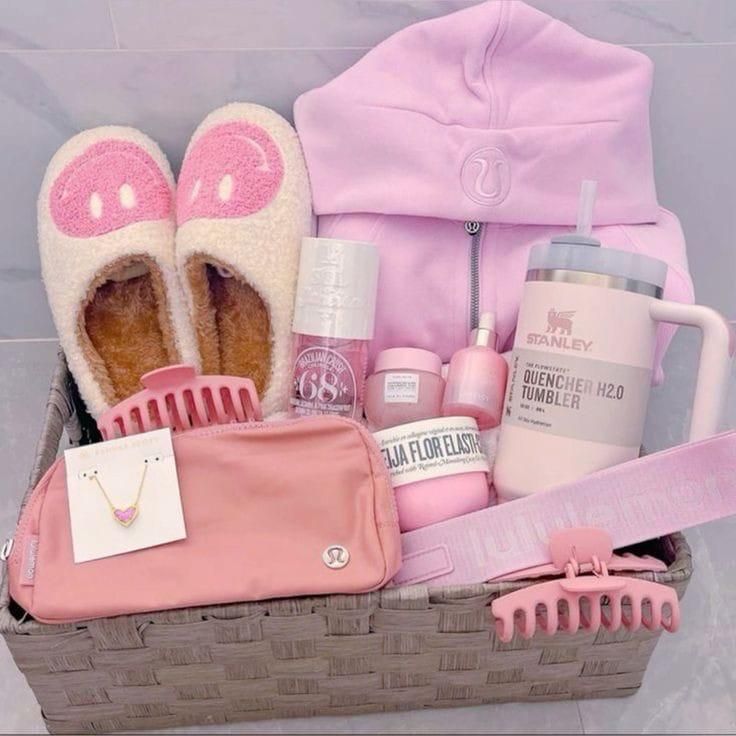 a basket filled with pink items on top of a table