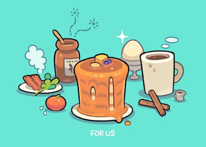 an illustration of some food and drinks on a blue background with the words for us