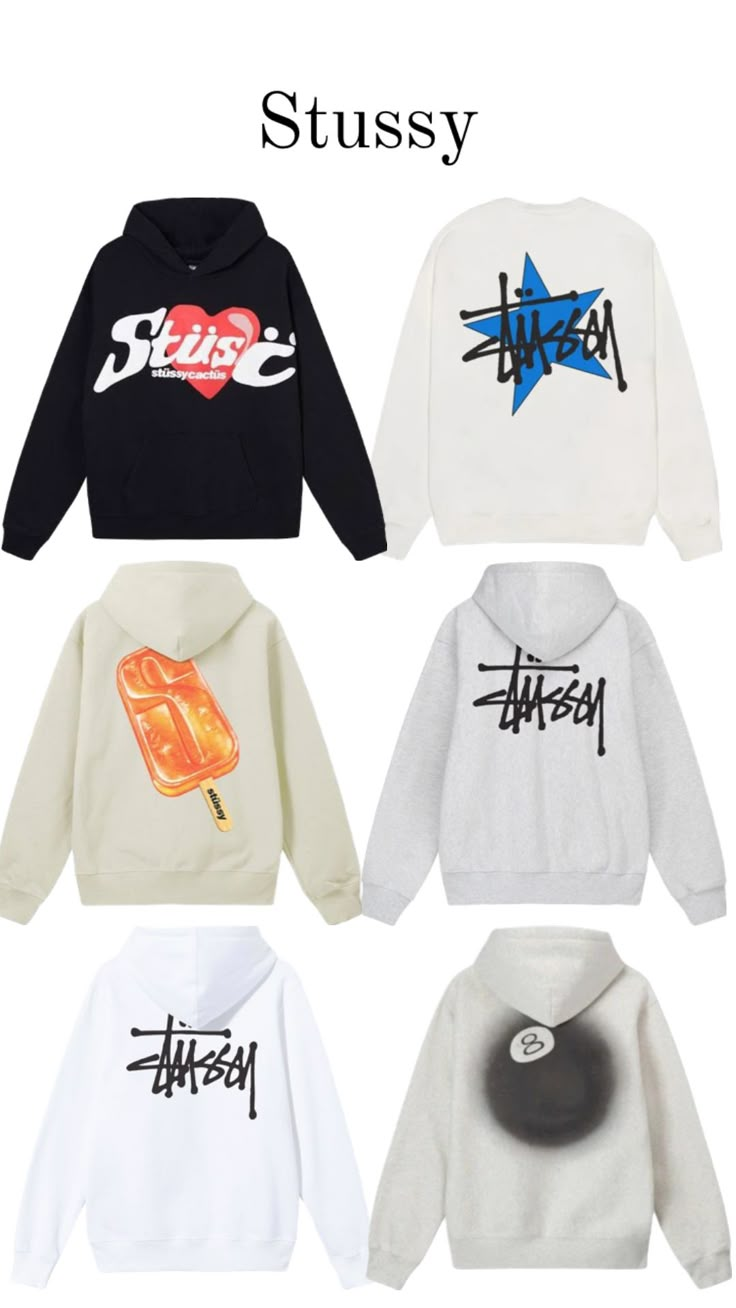 four sweatshirts with the words stusy on them and an image of a popsicle