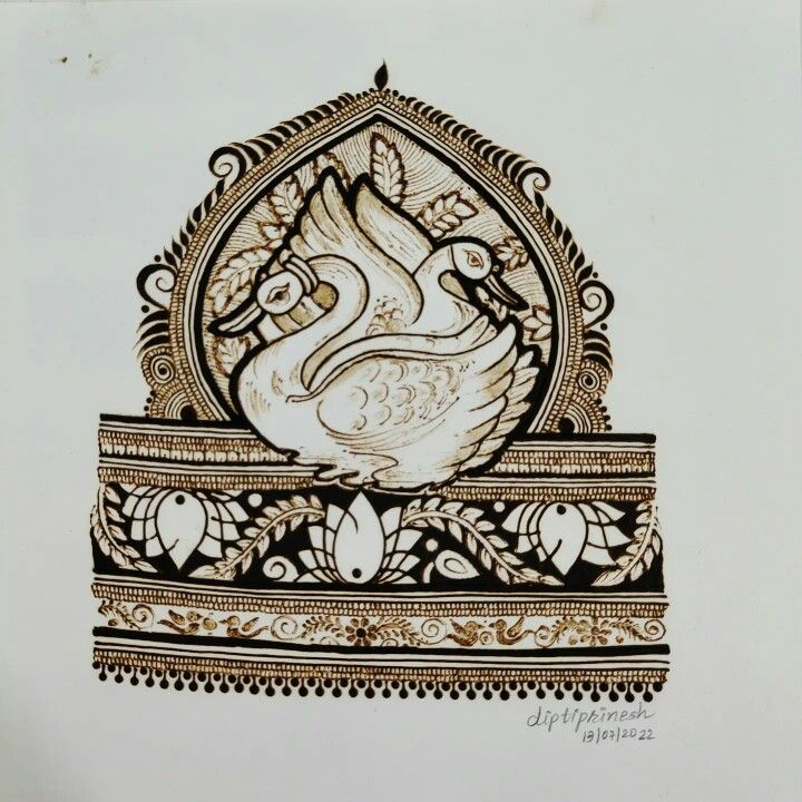 a drawing of a bird on top of a decorative object in black and white ink