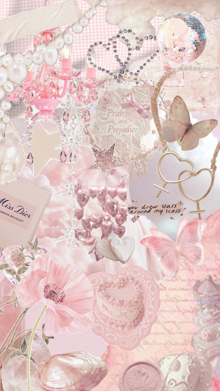 a pink and white collage with many different items