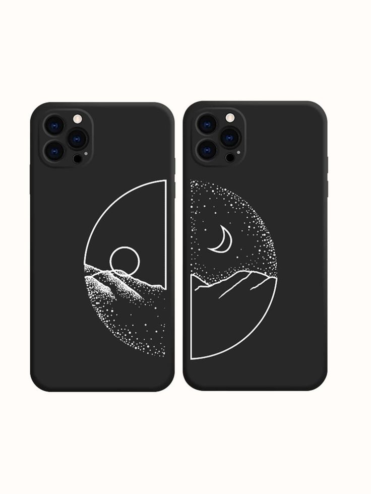 two black iphone cases with the same design on one side and an image of mountains in the other