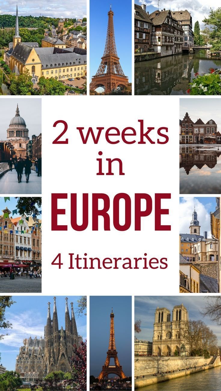 the cover of two weeks in europe 4 itineries, with pictures of different buildings