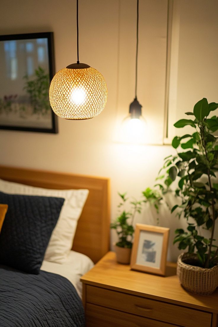 a bed room with a neatly made bed and two hanging lights