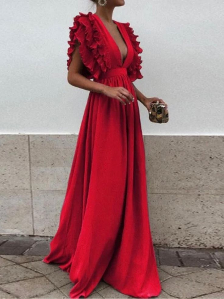 Red elegant ruffle deep V - neckline maxi dress - Wapas Red Dress Formal, White Dress Flowy, Couture Dior, Long Flowy Dress, White Evening Dress, 파티 드레스, Dress Korean, Elegant Party Dresses, Elegant Maxi Dress