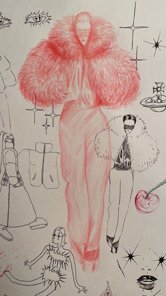 Sketchbook aesthetic fashion drawing art red pencil fur coat black pen felt tip detailed drawing waimea2003 Waimea Craig Fashion Sketchbook Inspiration, Fashion Illustration Poses, Fashion Figure Drawing, Fashion Illustrations Techniques, Fashion Drawing Sketches, Art Outfits, Fashion Design Sketchbook, Fashion Design Portfolio, Fashion Sketchbook