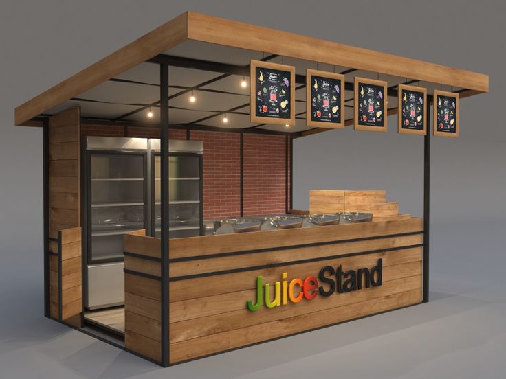 a 3d rendering of a juice stand with clocks on the front and side of it