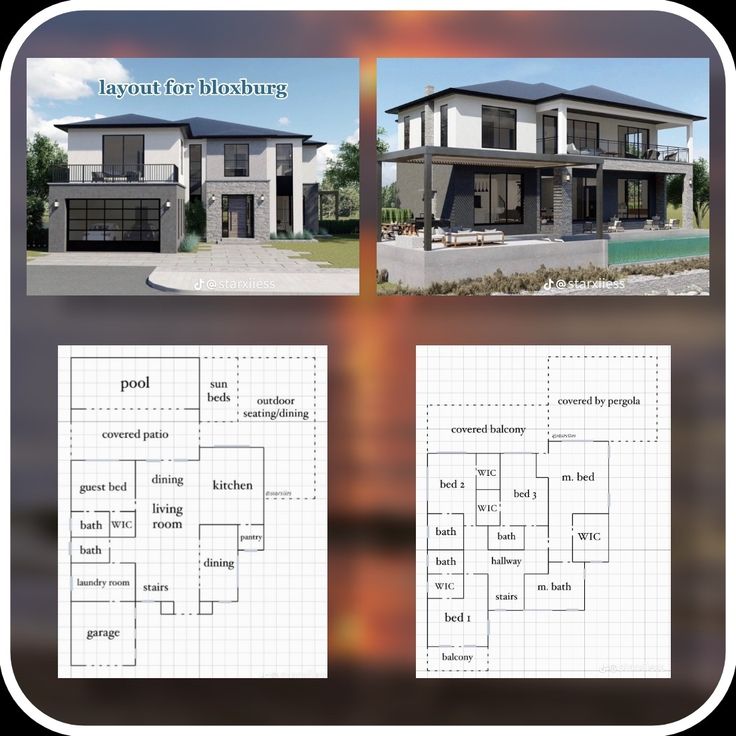 two story house plan with floor plans and elevation details for each room in the house