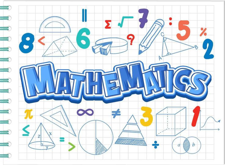 a notebook with the words maths written in blue and surrounded by different types of numbers