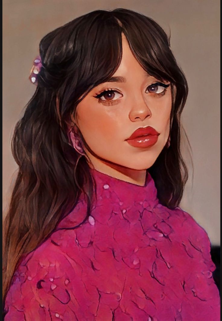 a painting of a woman with long dark hair wearing a pink top and earrings, looking to the side