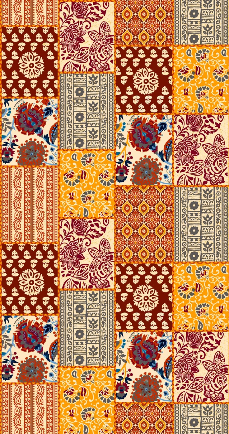 an orange and red patchwork fabric with different designs on the sides, including flowers