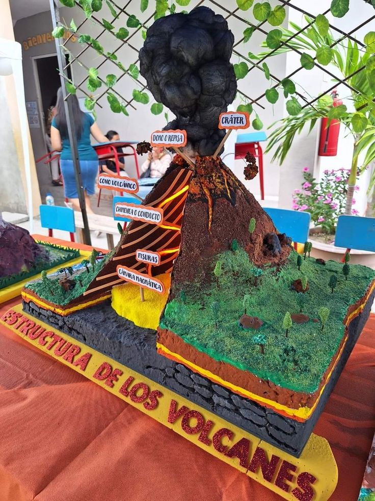 there is a cake made to look like a volcano with many signs on the top