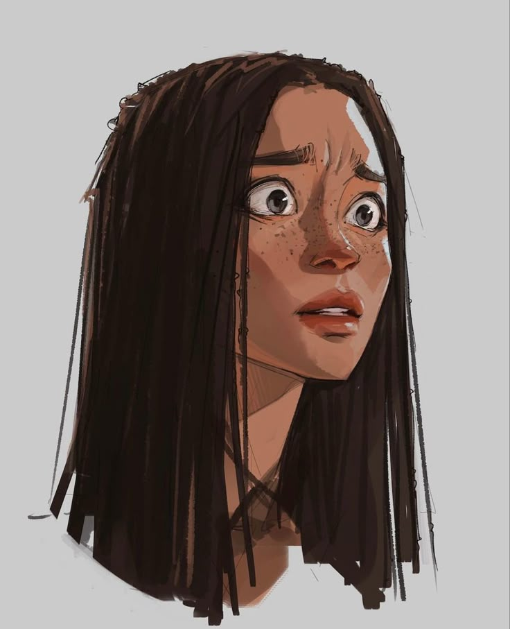 a drawing of a woman with freckles on her face and long black hair