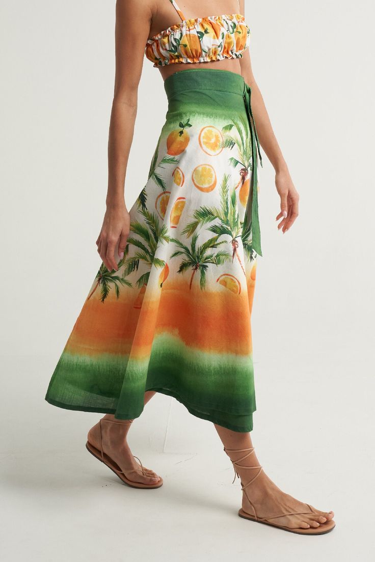 Beach Season Maxi Dress With Tie Waist, Chic Wrap Skirt For Summer Day Out, Chic Summer Wrap Skirt For Day Out, Casual Summer Dresses With Tied Details, Casual Orange Poolside Dress, Sleeveless Tropical Spring Cover-up, Flowy Wrap Skirt For Beachwear In Spring, Summer Beach Maxi Dress With Tie Waist, Green Flowy Maxi Dress For Vacation