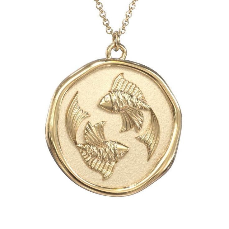 14K Yellow Gold Engravable Pisces Zodiac Medallion Necklace | Jewlr Luxury Mythological Pendant Necklaces, Luxury Mythological Pendant Necklace, Luxury Etched Round Pendant Necklace, Pisces Necklace 150.00 For Men, Pisces Jewelry Dish, Luxury Etched Amulet Necklaces, Luxury Etched Amulet Style Necklaces, Luxury Symbolic Medallion Jewelry, Luxury Medallion Amulet Pendant Necklace