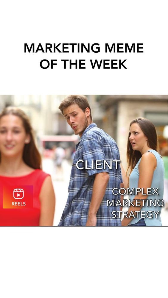 a man and woman standing next to each other in front of a white background with the words marketing meme of the week