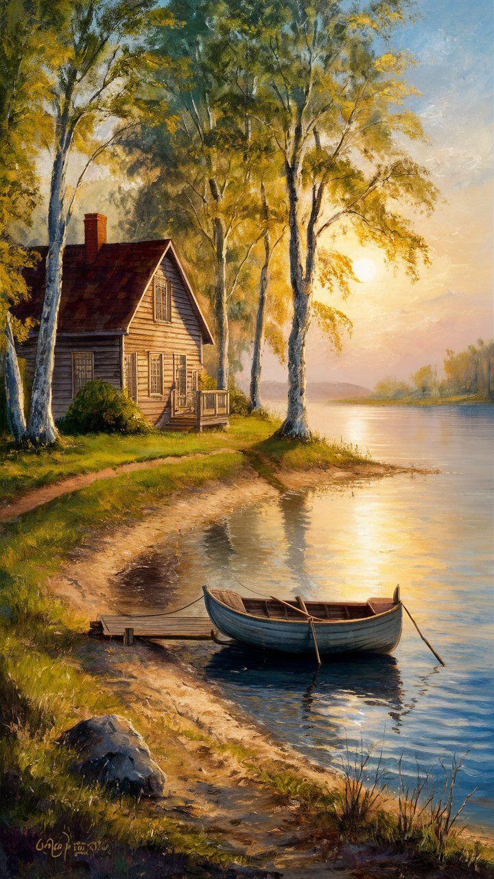 a painting of a boat in the water next to a house