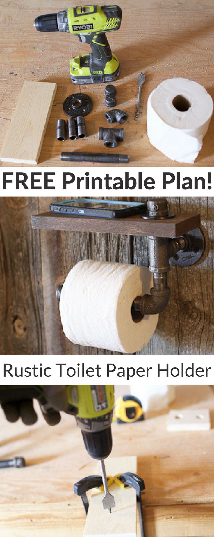 two pictures showing how to make a toilet paper holder with wood planks and tools