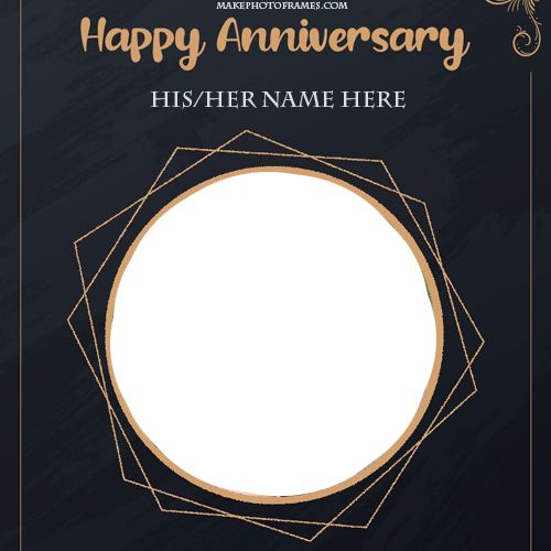 a black and gold happy anniversary card with an image of a circle in the middle