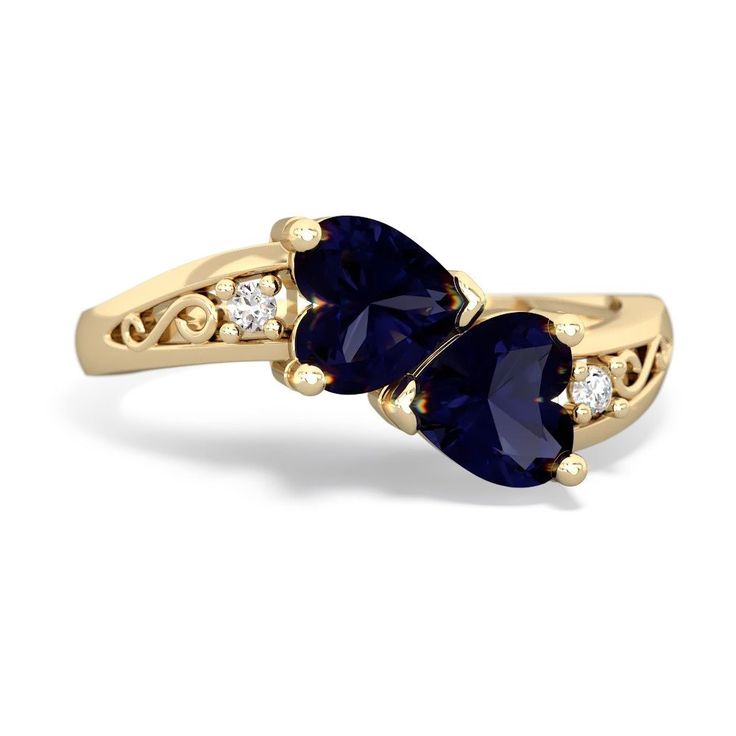 Two hearts, snuggled up against each other, in a warming 14K Gold embrace. This ring features beautiful heart shaped sapphire and sapphire gems. Accented by two dazzling diamonds, with an elegant filigree curve. You can customize this ring, perhaps choosing your loved one's favorite colors, or the birthstones of you and your love. Gem: Genuine Sapphire Metal: solid 14K Gold Diamonds: genuine SI2 diamonds Free gift packaging is included with every order. Heart Shaped Sapphire Rings For Formal Occasions, Formal Sapphire Heart-shaped Rings, Lab-created Sapphire Promise Ring In Yellow Gold, Fine Jewelry Sapphire Heart Cut Ring, Yellow Gold Lab-created Sapphire Promise Ring, Heart Cut Sapphire Ring In Fine Jewelry Style, Elegant Heart Cut Sapphire Ring For Anniversary, Heart Cut Sapphire Ring Fine Jewelry, Sapphire Birthstone Promise Ring With Accent Stones