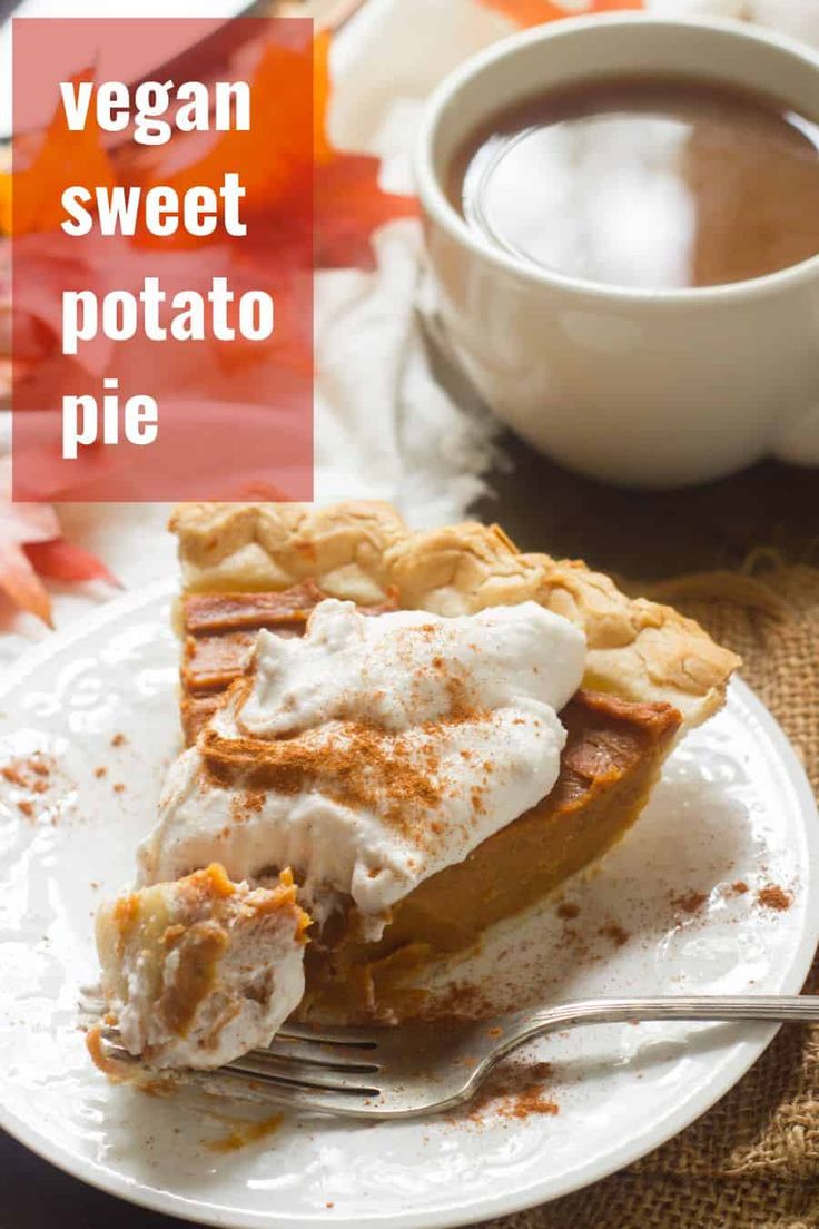 a slice of vegan sweet potato pie on a white plate with a cup of coffee