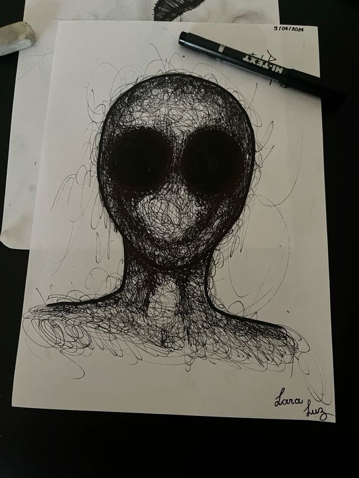 a drawing of an alien head on top of paper