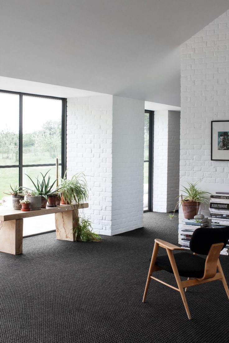 a room with black carpet and white brick walls, plants on the windowsills