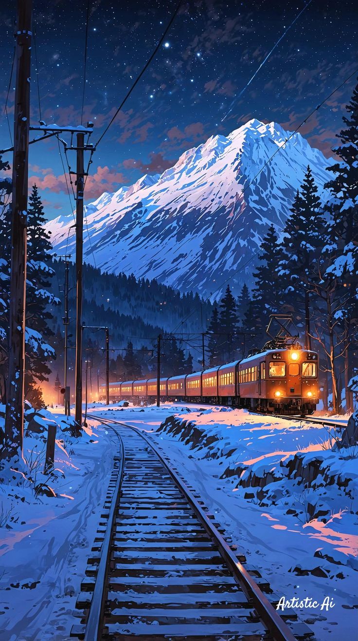 a painting of a train going down the tracks in front of a snowy mountain at night