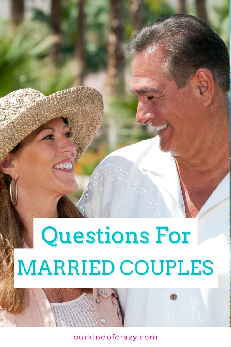 a man and woman smiling with the words questions for married couples