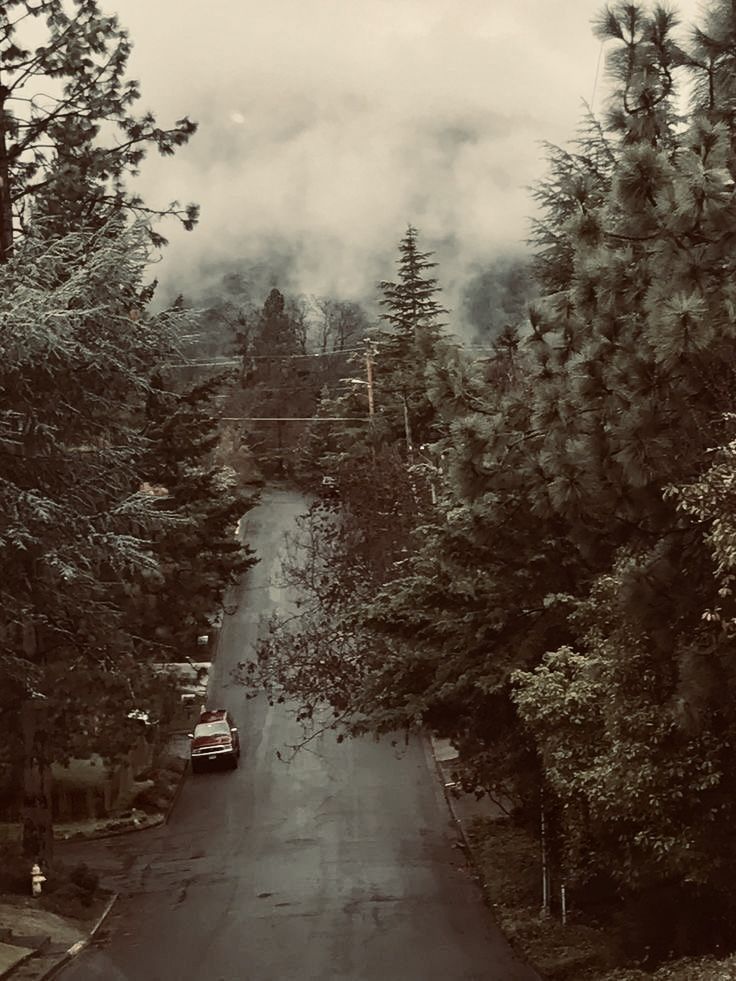 a car driving down a road surrounded by trees and clouds in the sky above it