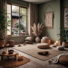 a living room filled with lots of furniture and decor on top of a wooden floor