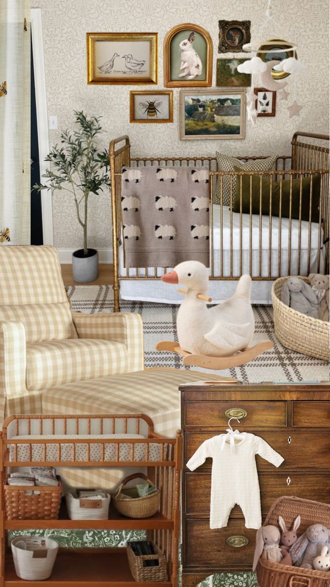 a baby's room is decorated in neutrals and whites, including an antique crib