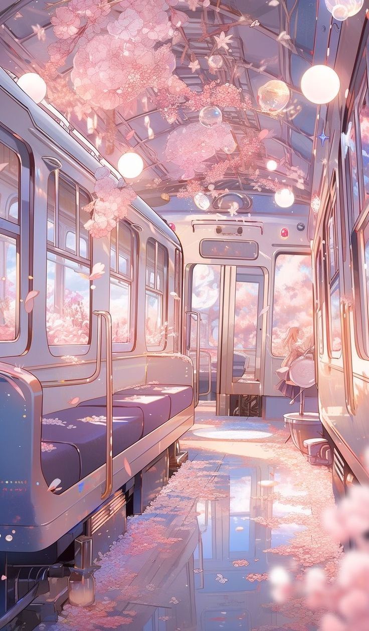 the interior of a train with pink flowers on the ceiling