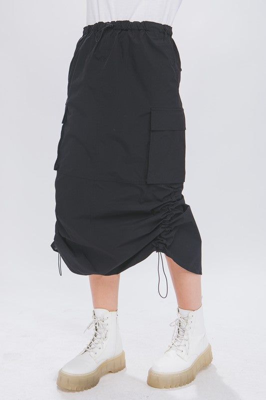 Drawstring cargo midi skirt with pockets. 100% Polyester Cargo Midi Skirt, Midi Skirt With Pockets, Skirt With Pockets, Black Khakis, Blank Canvas, Skirts With Pockets, Unisex Style, How To Feel Beautiful, Cotton Silk