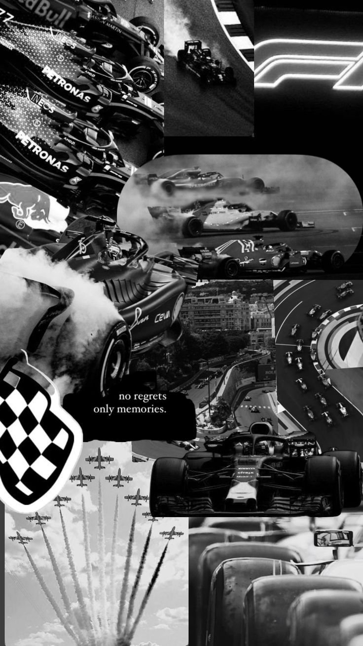 a collage of black and white images with cars