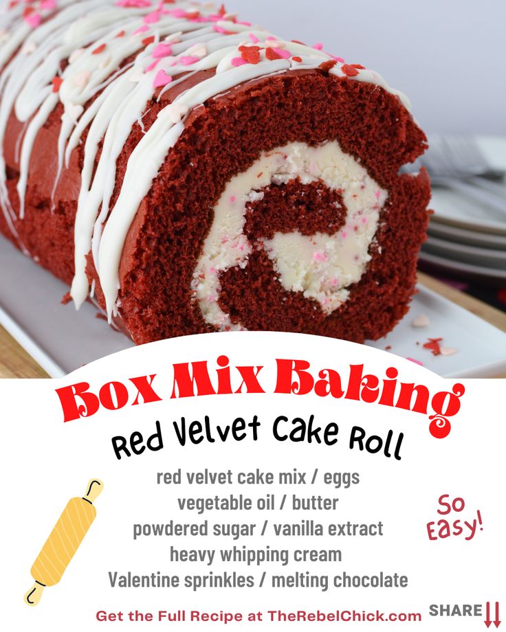 a red velvet cake roll with white frosting