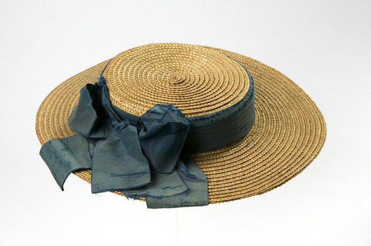 1870 Girl's Hat Culture: English Medium: straw, silk Girl's straw hat trimmed with a band and bow of blue silk ribbon. Blue Silk Ribbon, Edwardian Hat, 1870s Fashion, Straw Boater, Anne With An E, Bonnet Hat, Century Clothing, Historical Costume, Historical Dresses